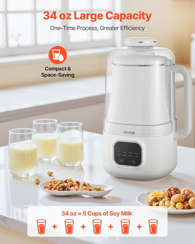 VEVOR 8-in-1 Nut Milk Maker, 34 oz Soy Milk Maker with Soundproof Cover for Homemade Oat, Nut, Soy, Juice, Milkshake, Rice Cereal, Plant-Based Beverages with Self-Cleaning, Boil Water, 12-Hour Delay - Image 3